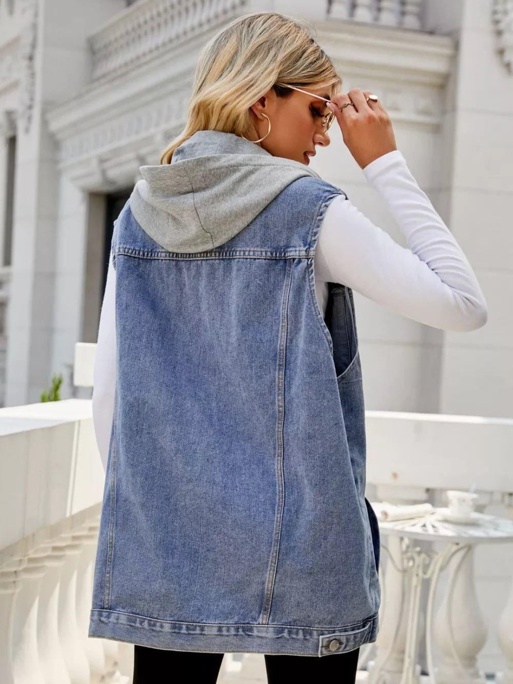 Drawstring Hooded Sleeveless Denim Top with Pockets Secondary image