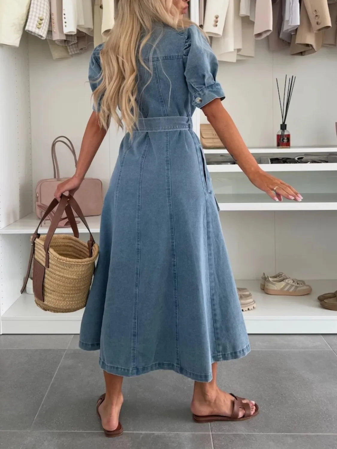 Puff Sleeve Button Down Belted Denim Midi Dress Secondary image