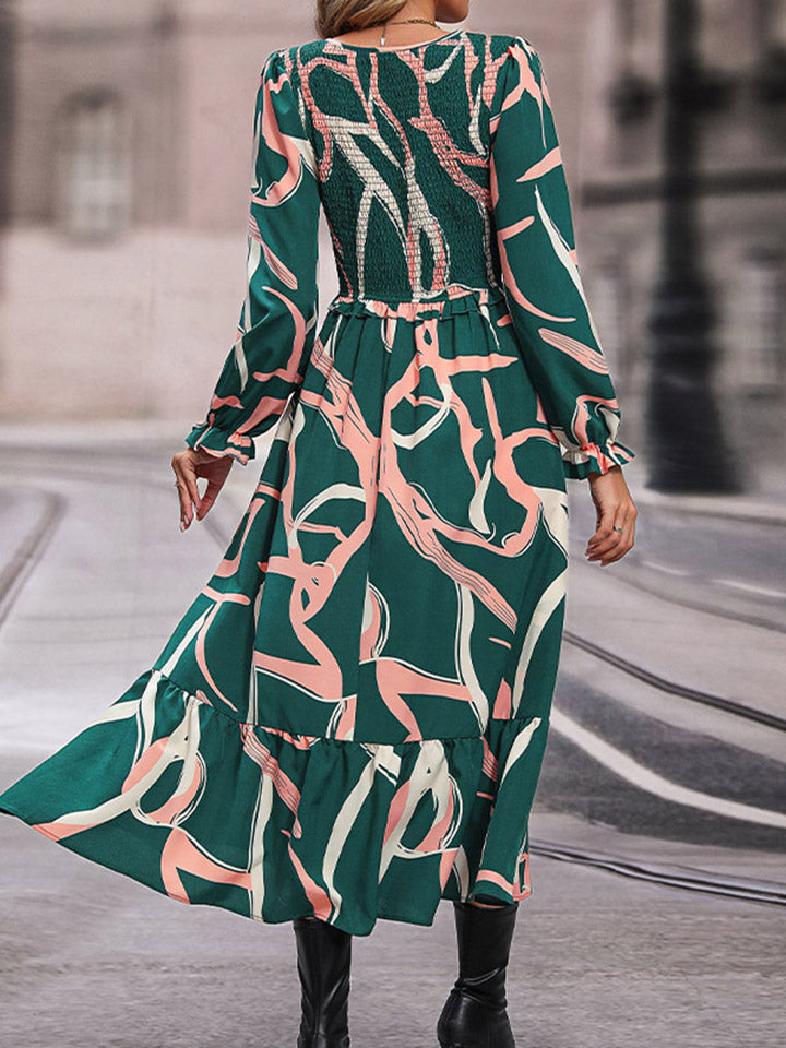 Perfee Printed Smocked V-Neck Three-Quarter Sleeve Midi Dress Secondary image