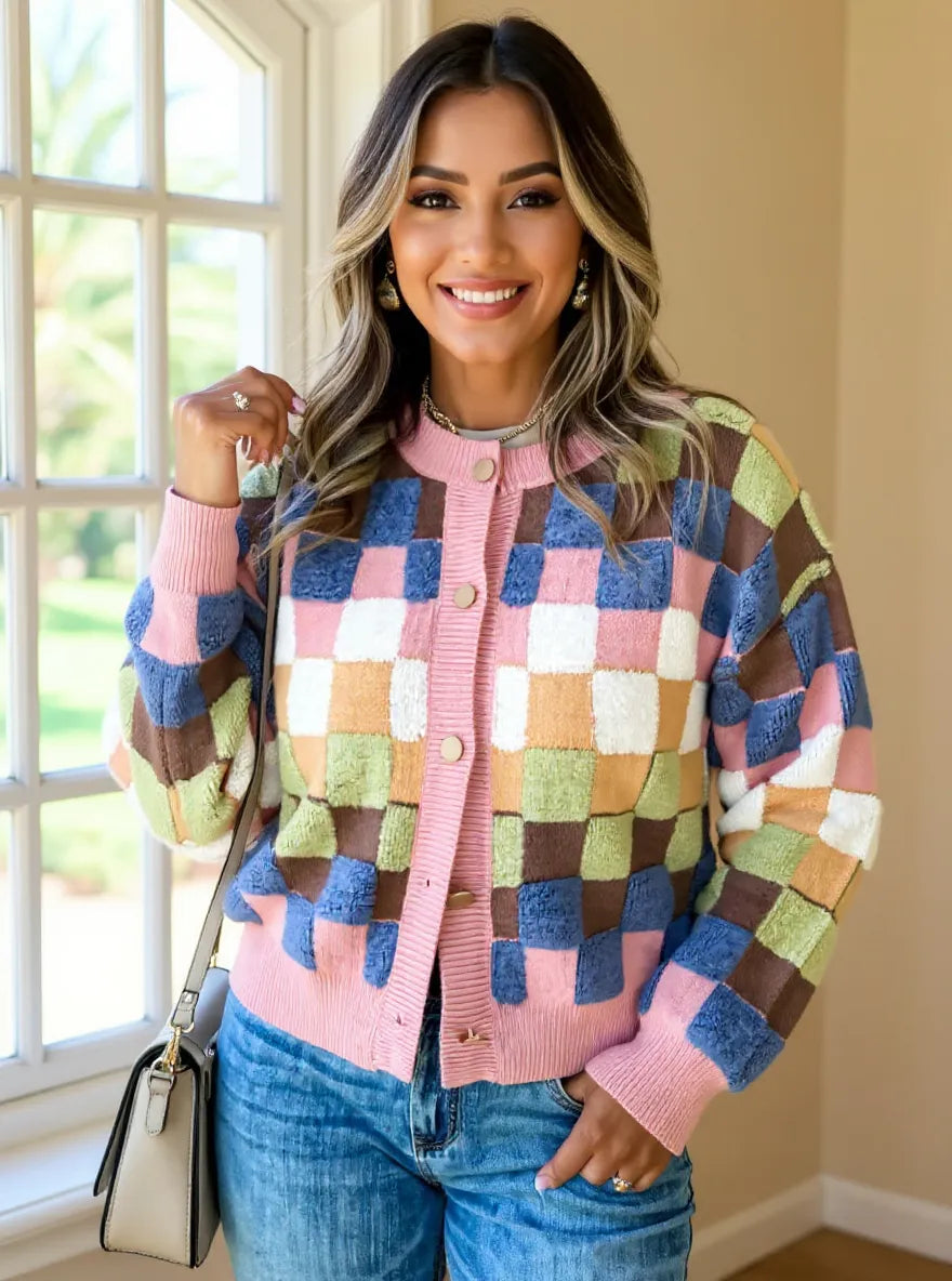 Checkered Pattern Button Front Cardigan Secondary image
