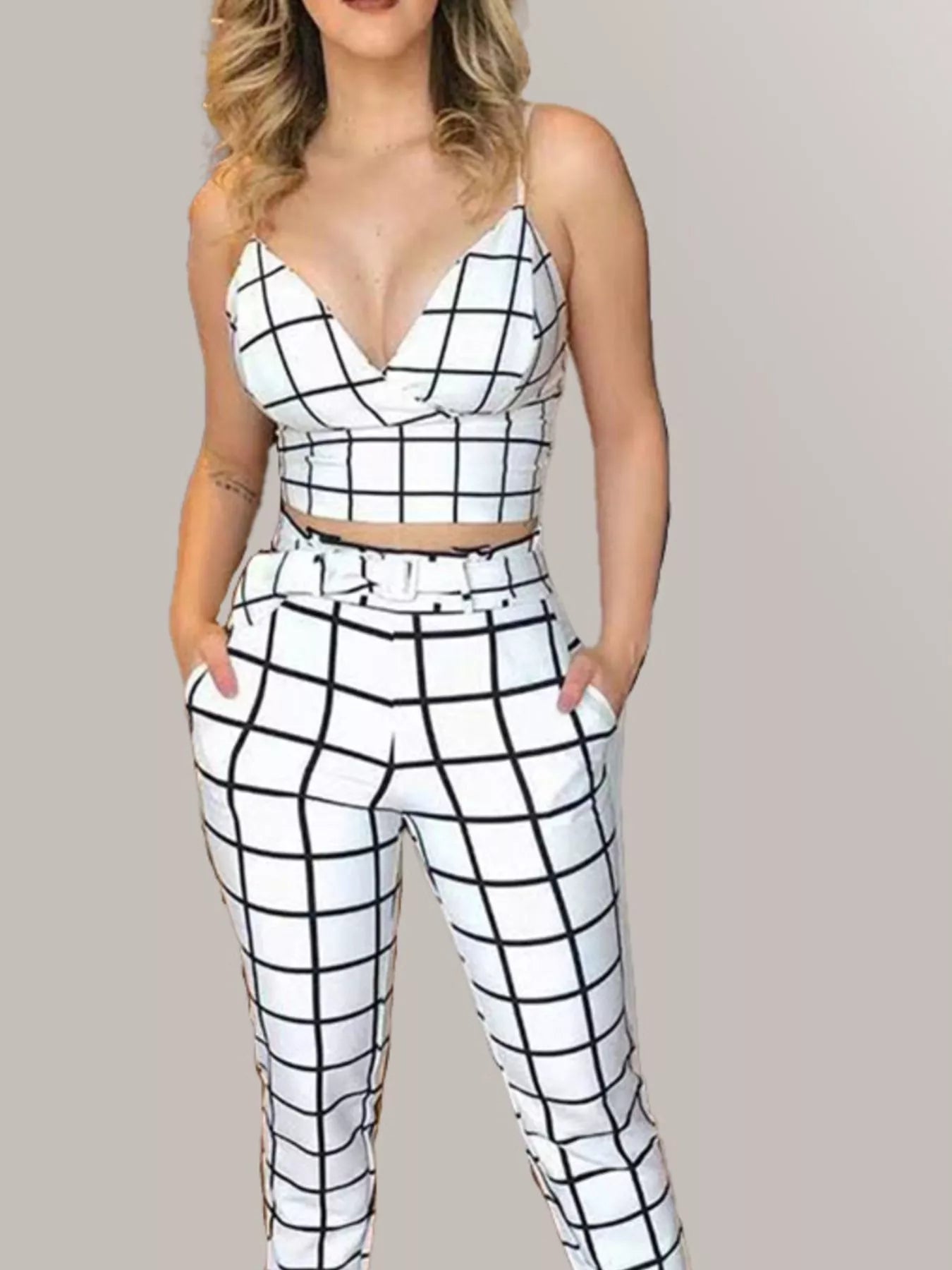 Grid Print Crop Top and Pants Set Secondary image
