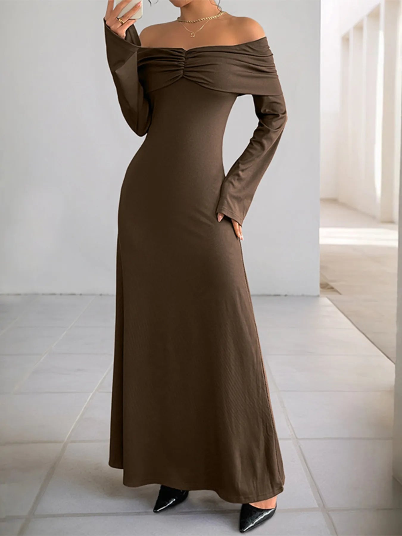 Off-Shoulder Long Sleeve Bodycon Maxi Dress Secondary image