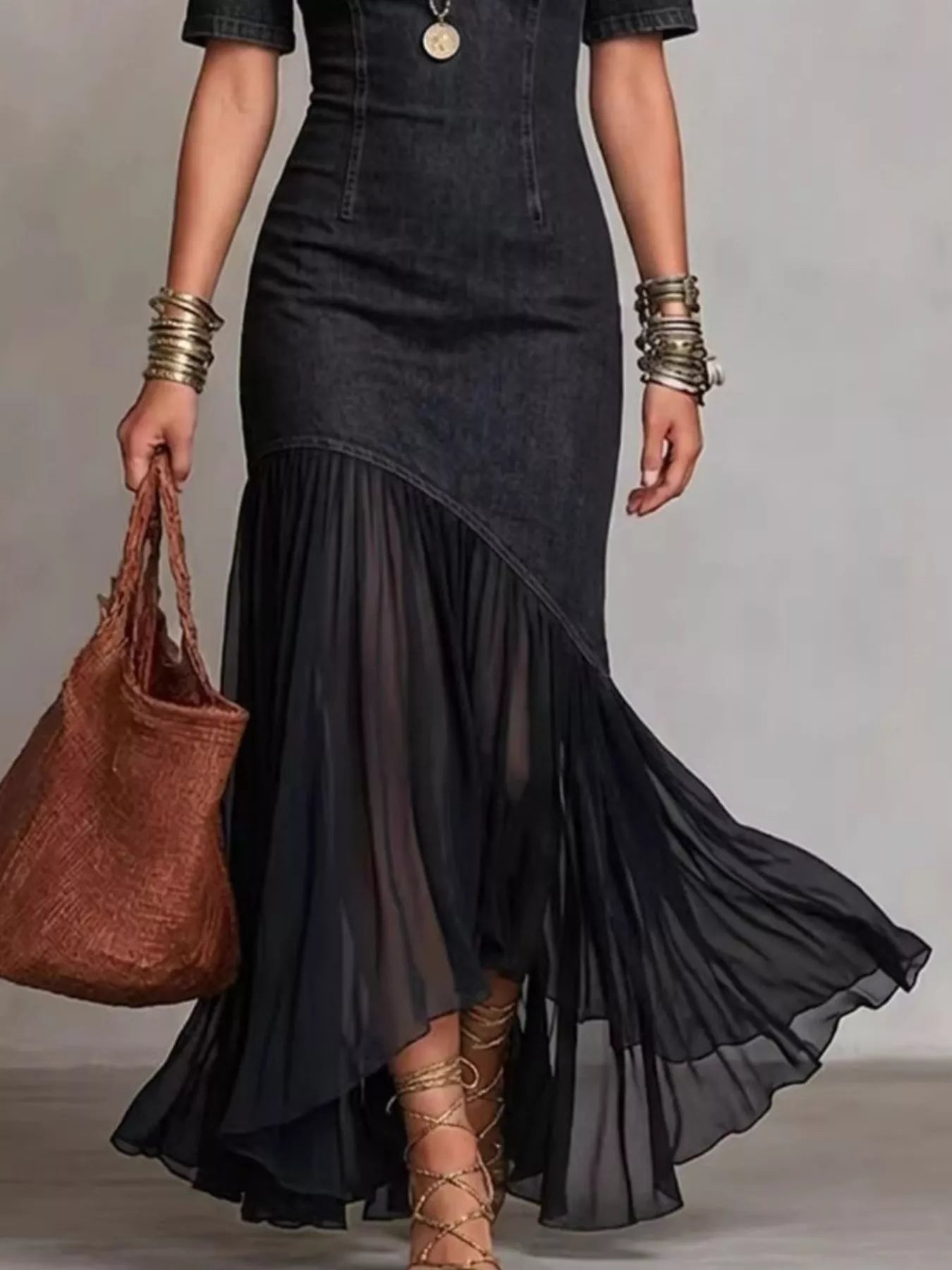 Mock Neck Cold Shoulder Ruffle Hem Maxi Dress Secondary image