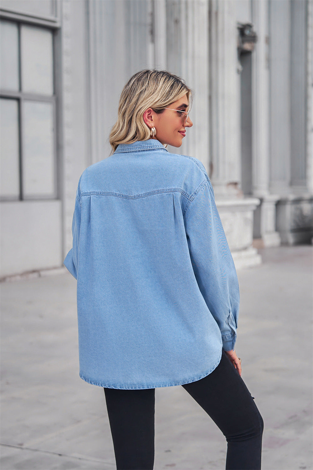Collared Neck Dropped Shoulder Denim Top Secondary image