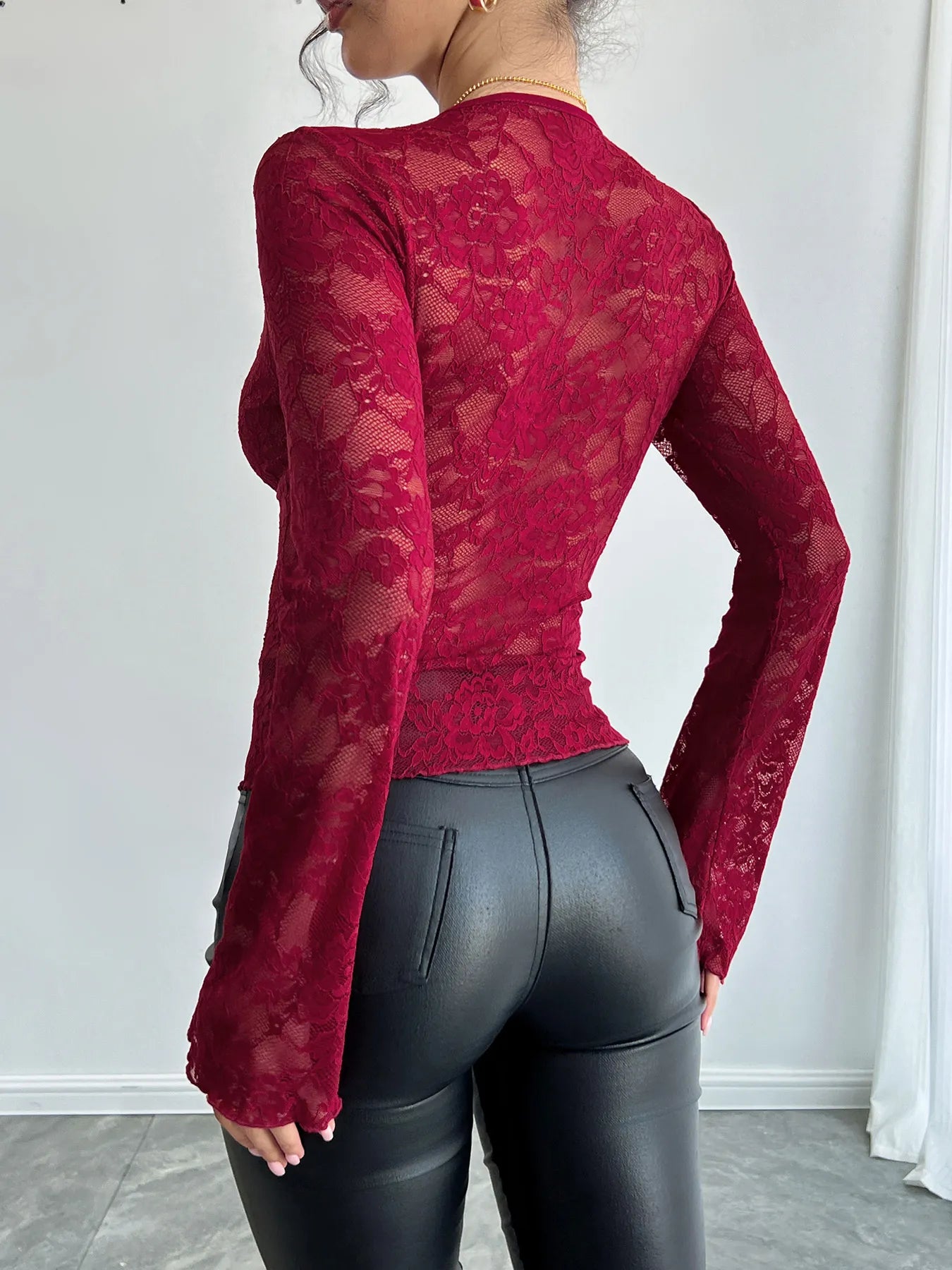Lace Deep V-Neck Long Sleeve T-Shirt Secondary image