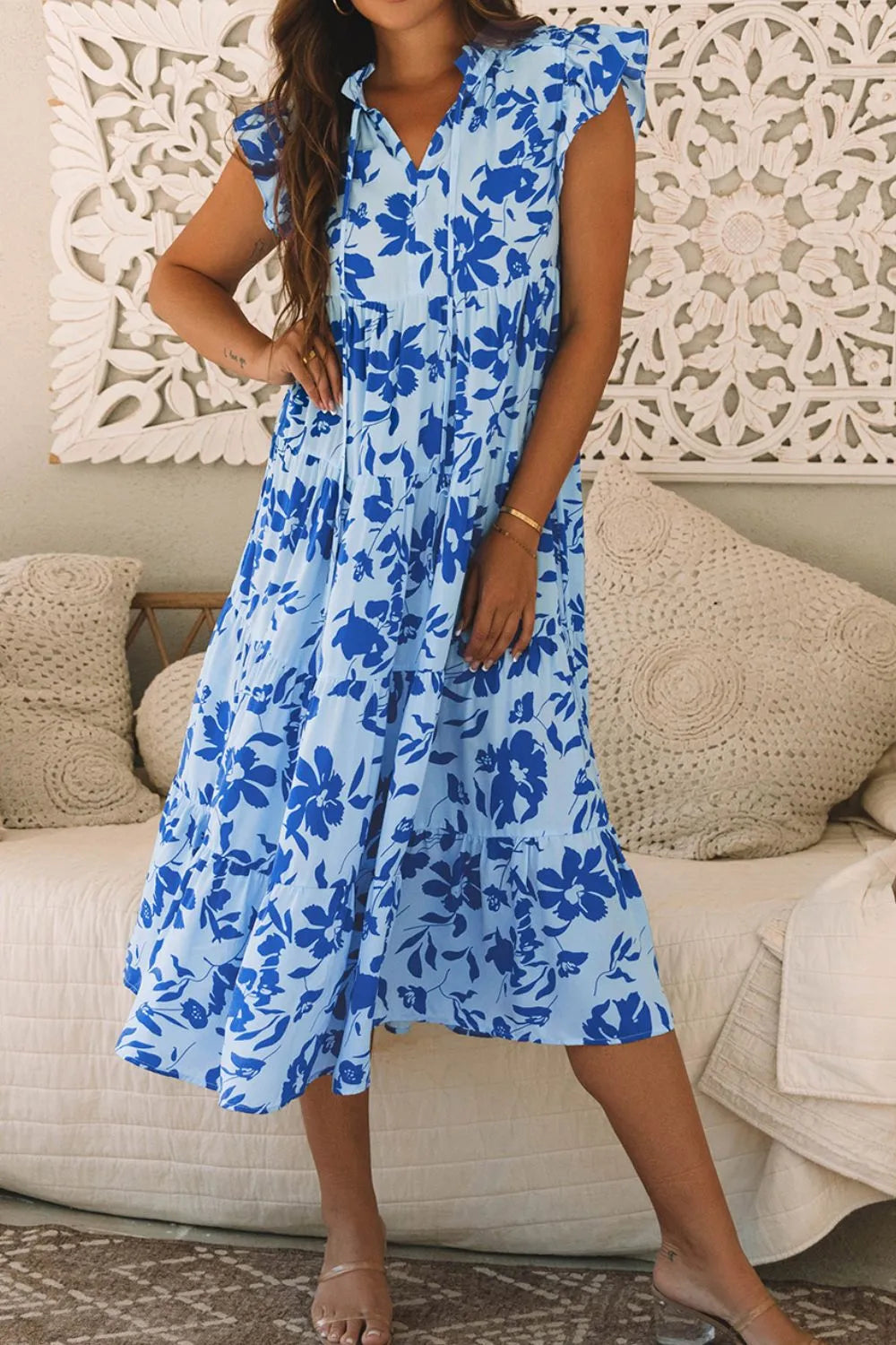 Floral Print Tiered Frilled Trim Flutter Sleeve Dress Secondary image