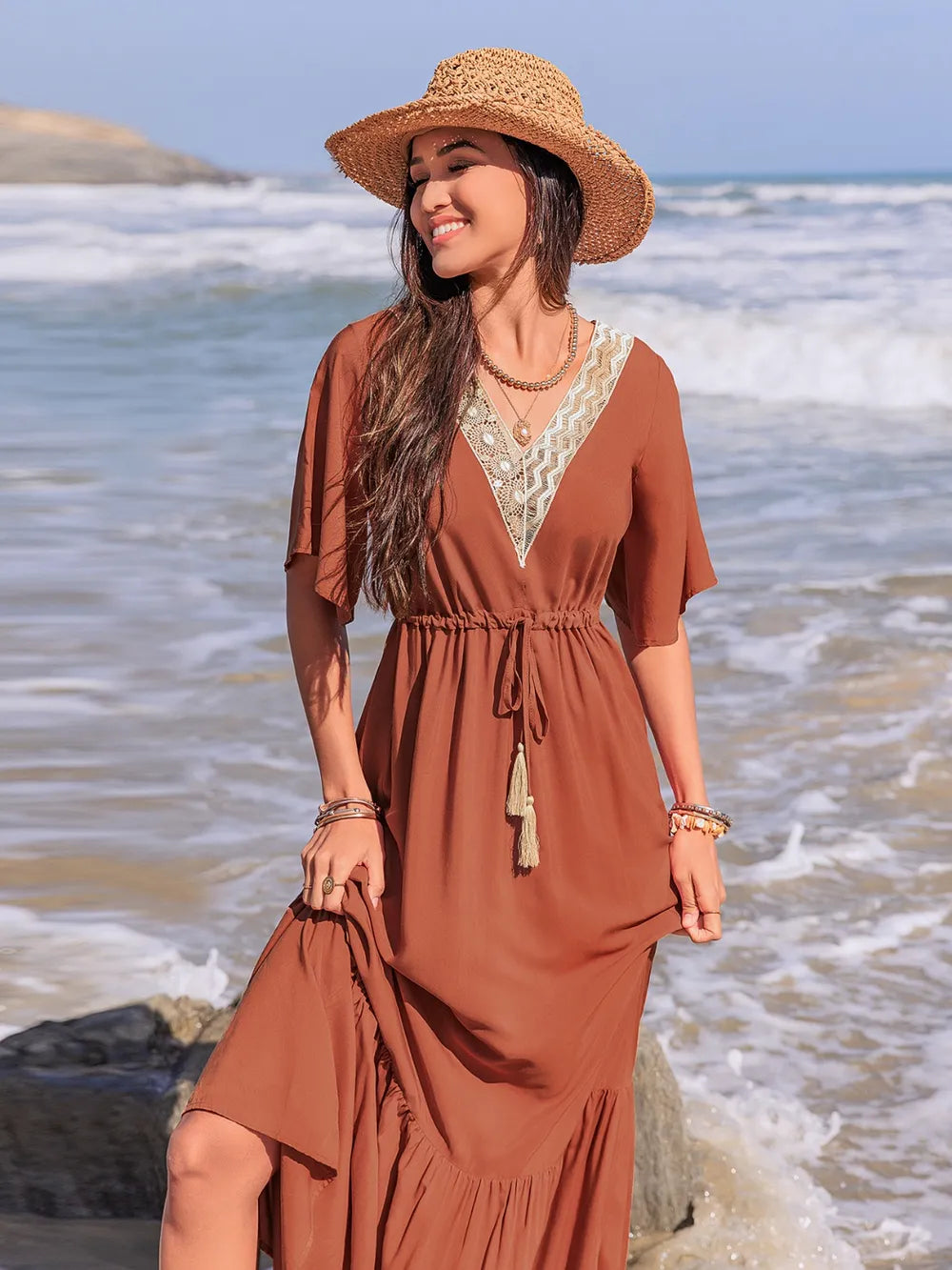 Ruffled Tassel V-Neck Flutter Sleeve Dress Secondary image