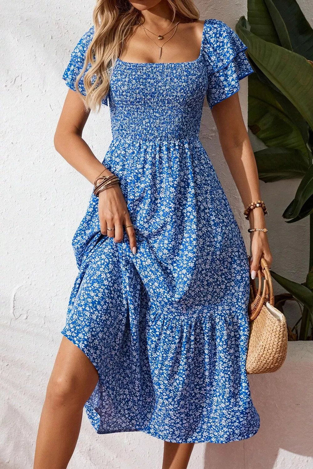 Ditsy Floral Print Smocked Square Neck Ruffle Short Sleeve Dress Secondary image