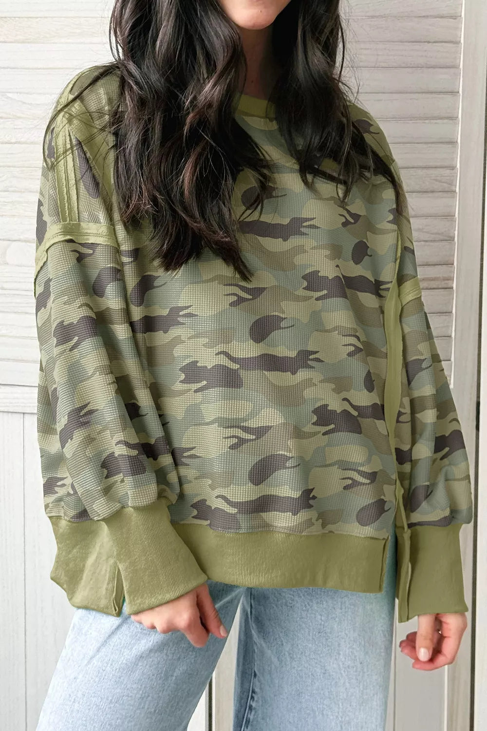 Camouflage Waffle Knit Raw Edge Contrast Trim Oversized Long Sleeve Top Secondary image