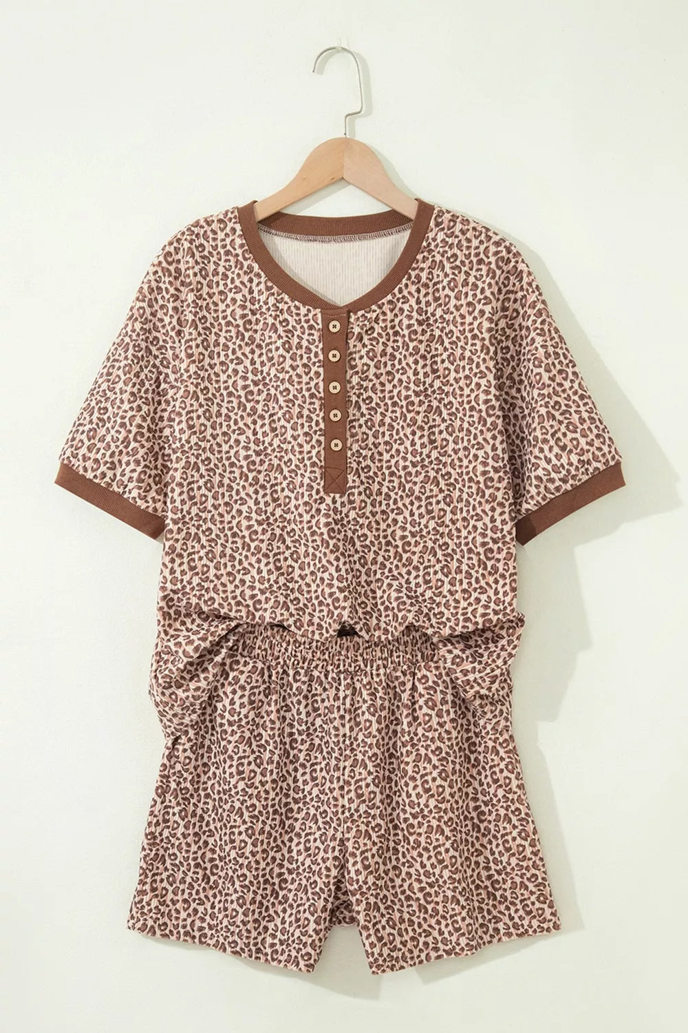 Leopard Print Ribbed Patchwork Half Button Loose Tee Elastic Waist Short 2pcs Set Secondary image