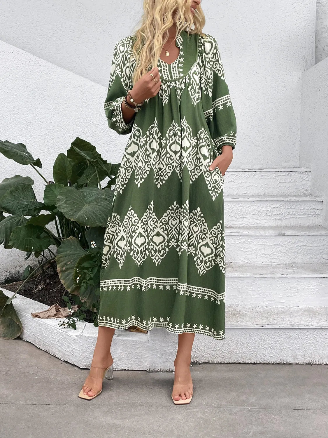 Printed Notched Midi Dress with Pockets Secondary image