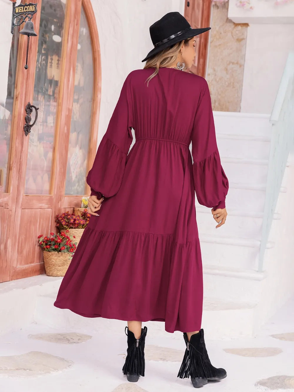 V-Neck Lantern Sleeve Ruffle Hem Dress Secondary image