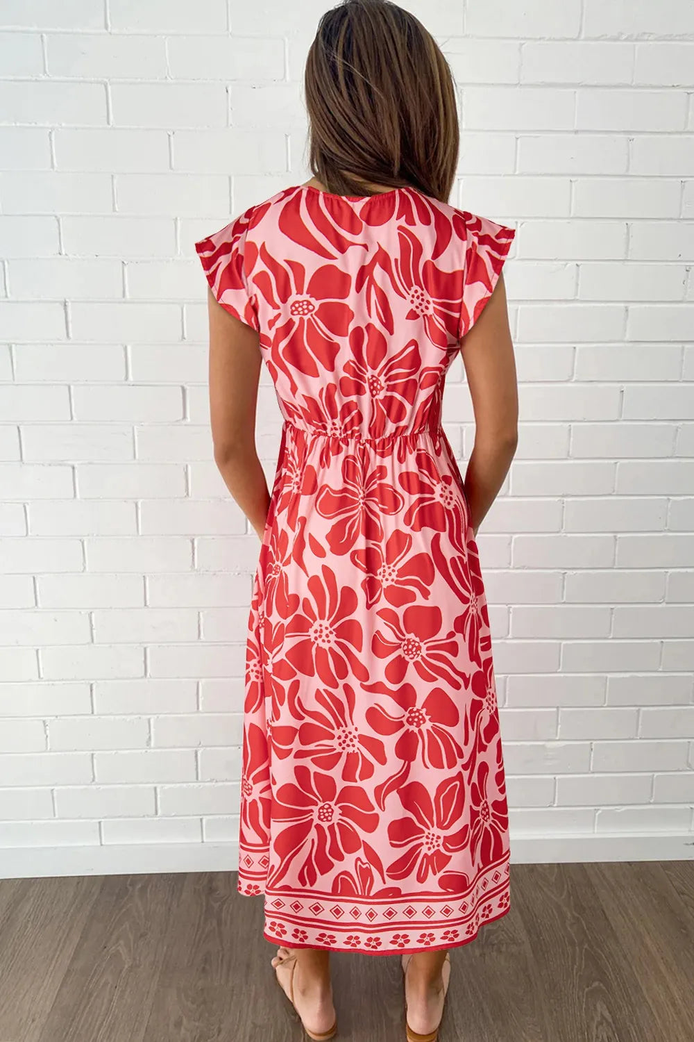 Floral  Ruffled V-Neck Midi Dress with Button Front Secondary image