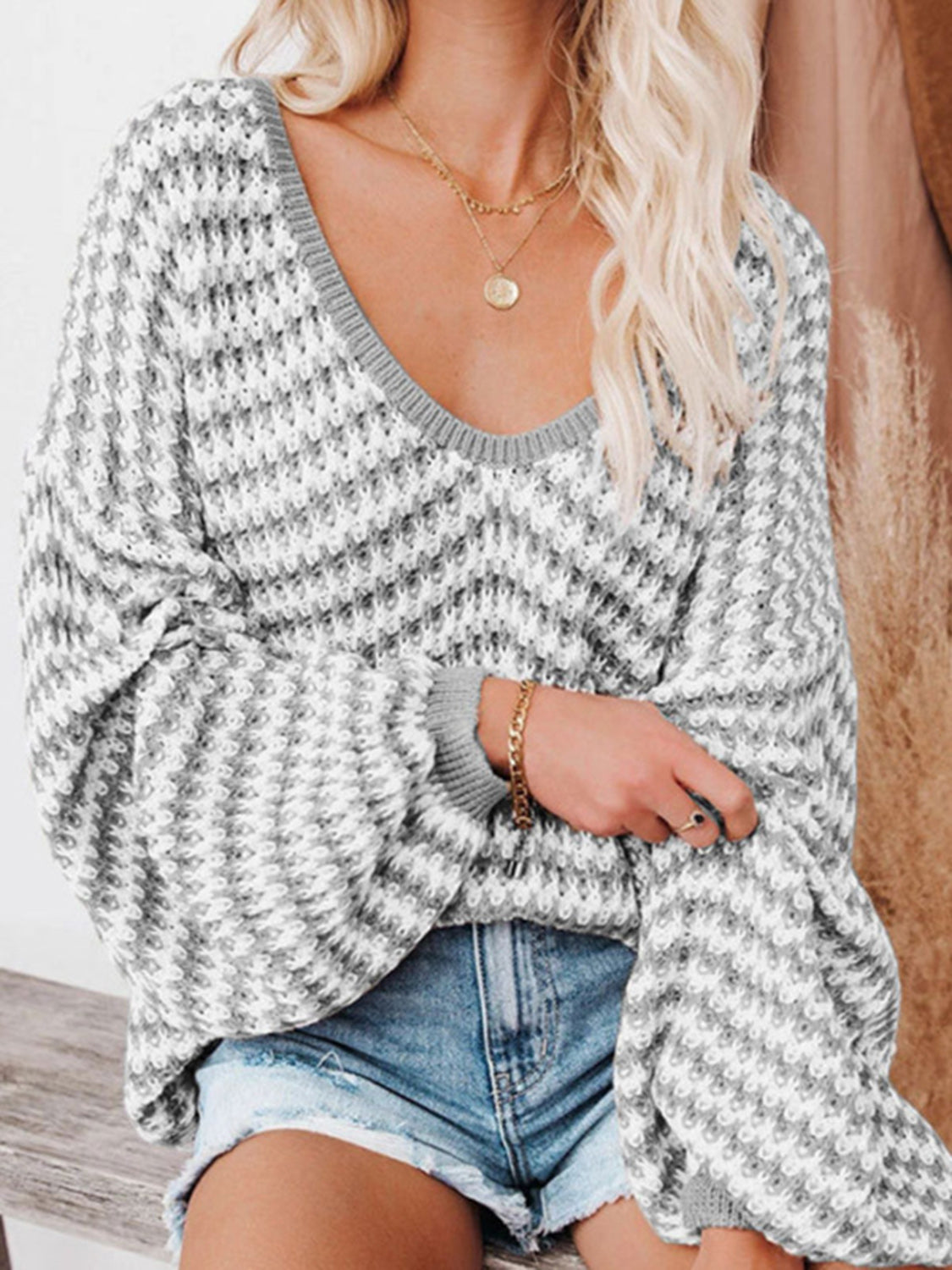 Striped Drop Shoulder V-Neck Sweater Secondary image