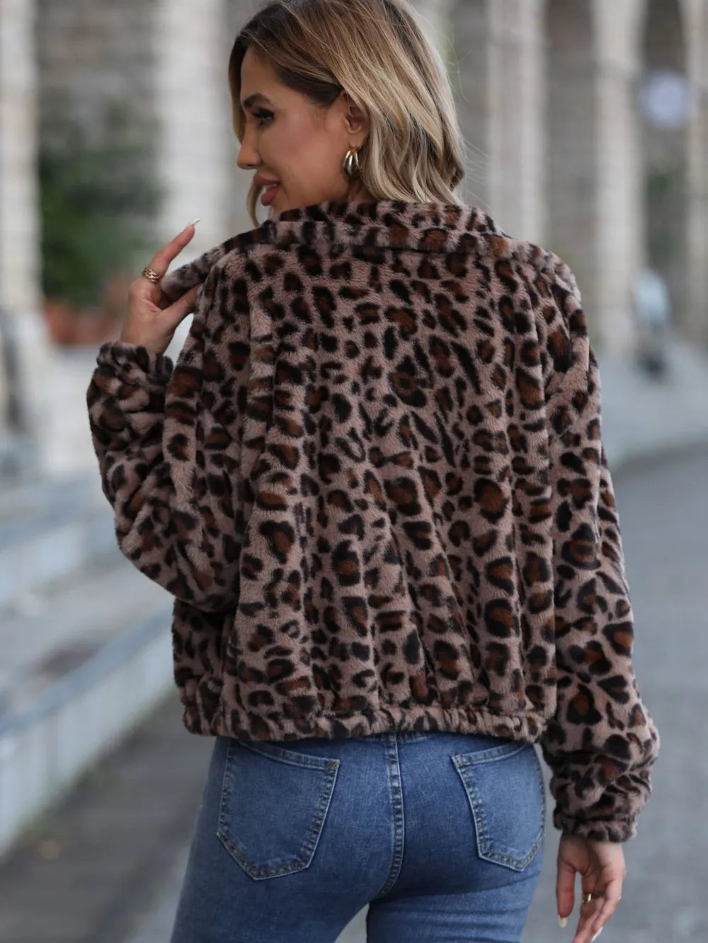 Leopard Collared Neck Zip Up Jacket Secondary image