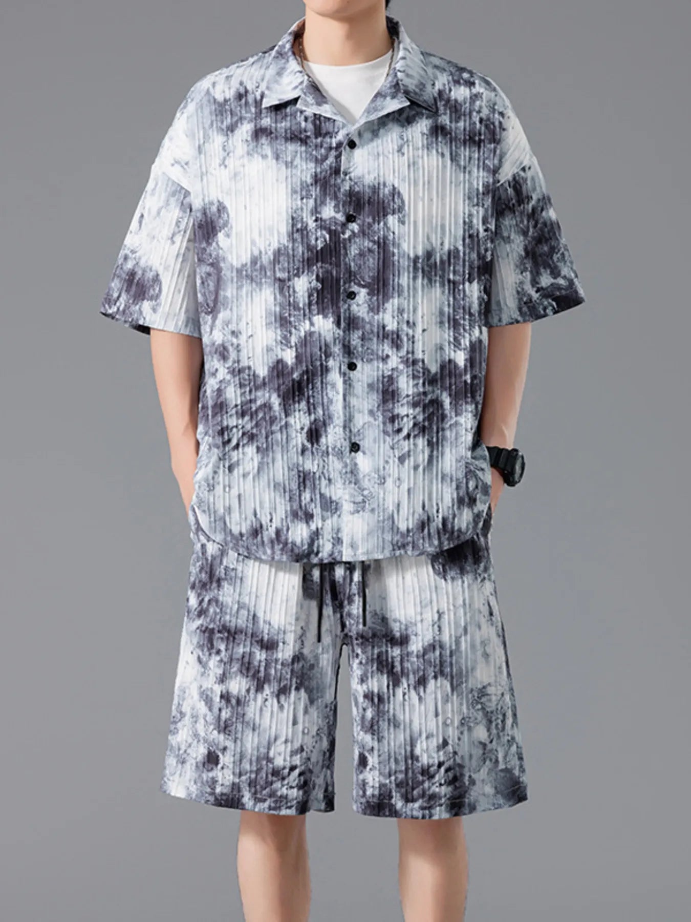 Men's Full Size Tie-Dye Casual Shirt and Shorts Set Plus Size Secondary image