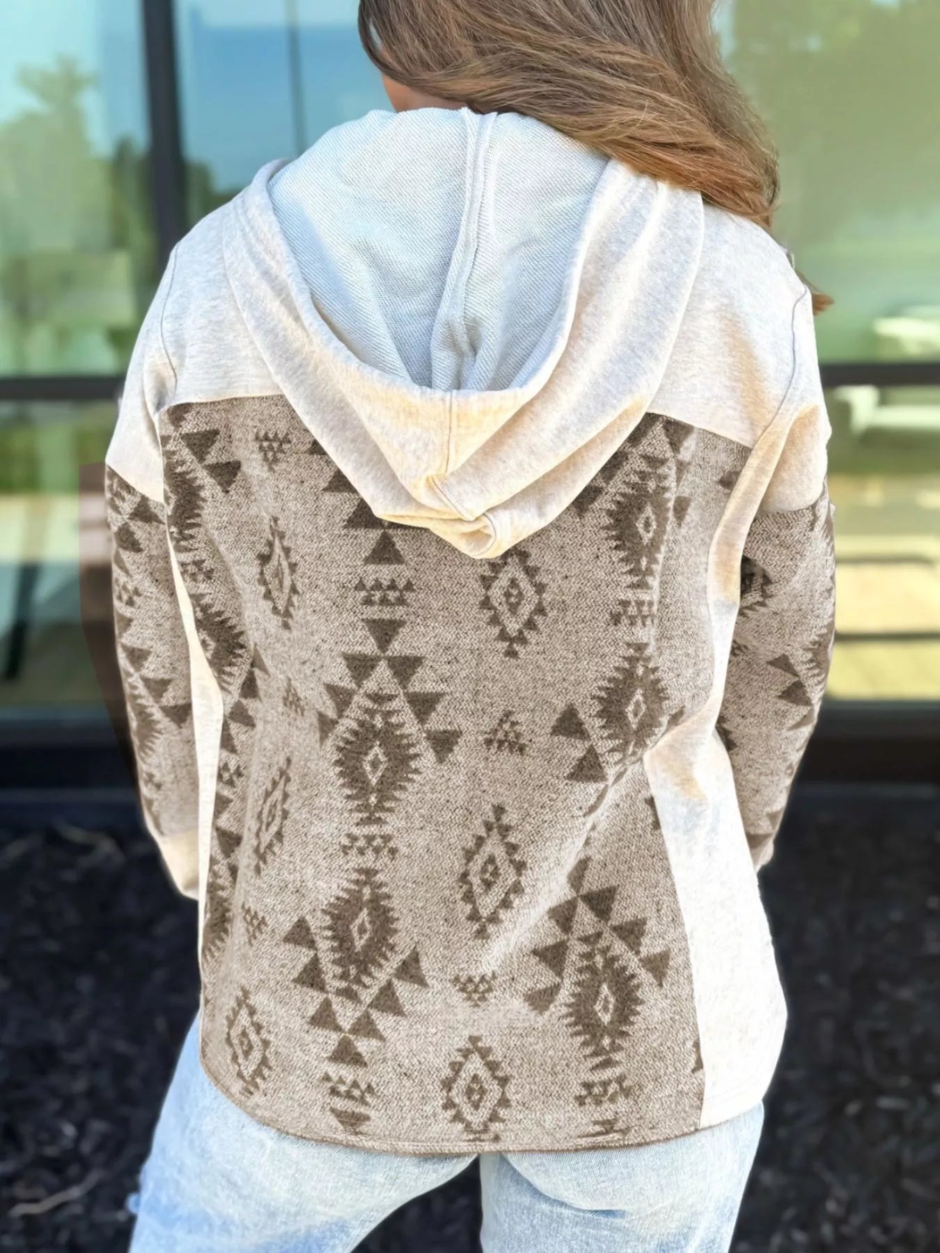 Western Aztec Print Color Block Patchwork Drawstring Hooded Shacket Secondary image