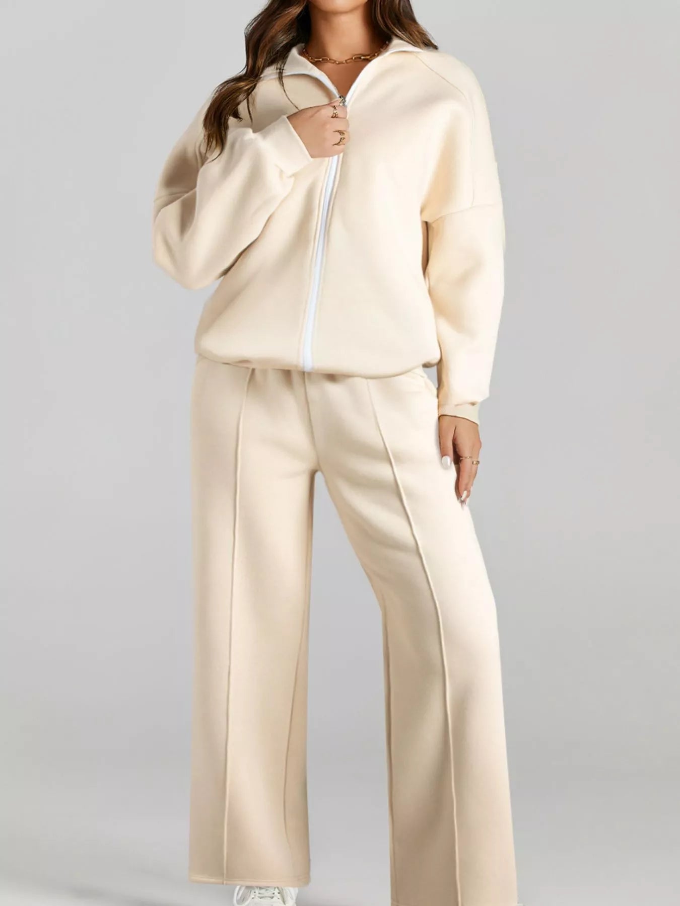 Drop Shoulder Zip Up Jacket and Drawstring Pants Active 2pcs Set Secondary image
