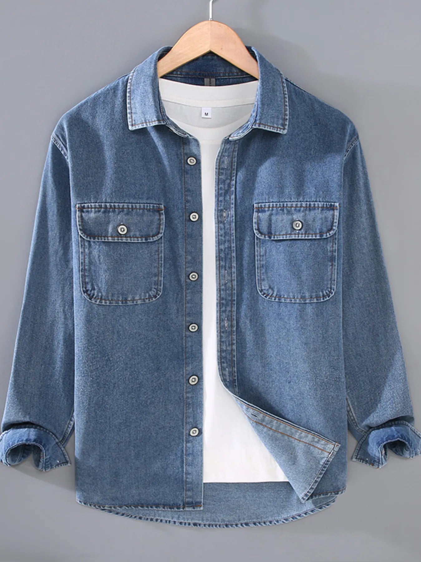 Men's Plus Size Washed Long Sleeve Denim Shirt Secondary image