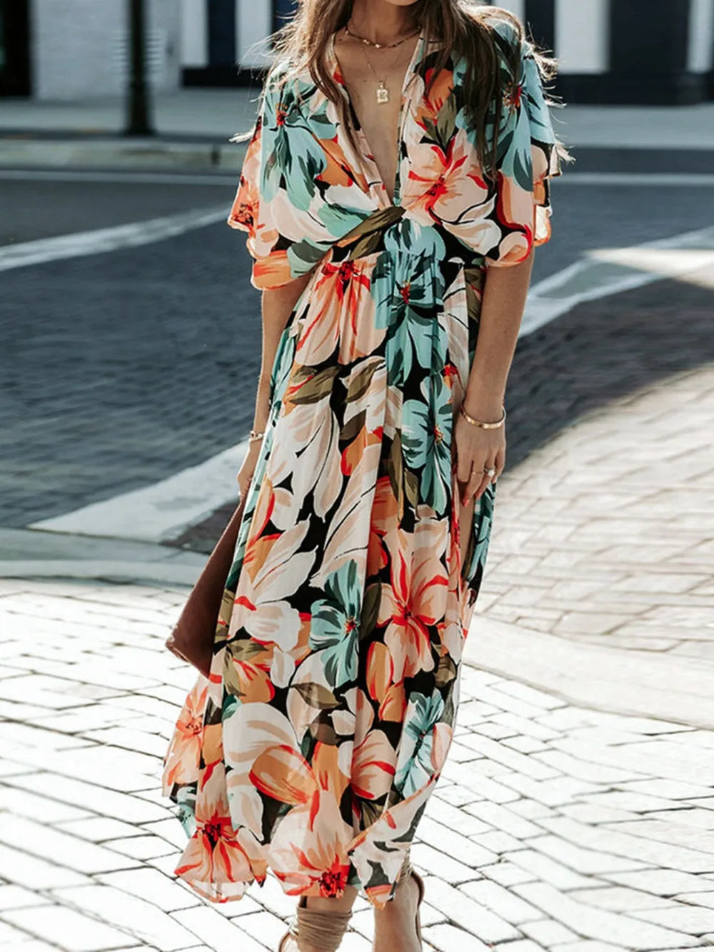 Floral Plunge Half Sleeve Dress Secondary image