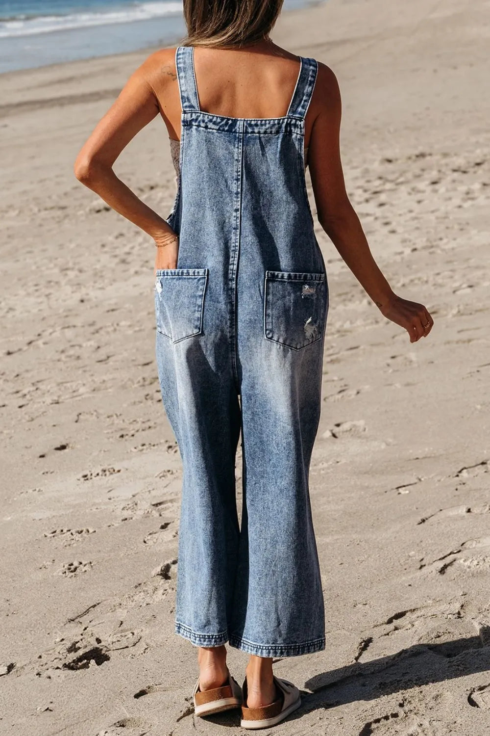 Distressed Bib Pocket Wide Leg Denim Overalls Secondary image