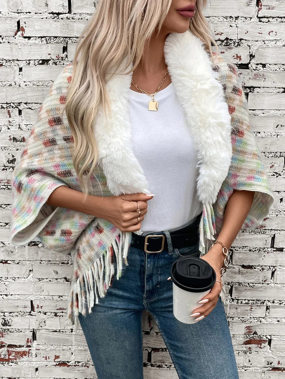 Fringe Fuzzy Open Front Poncho Secondary image