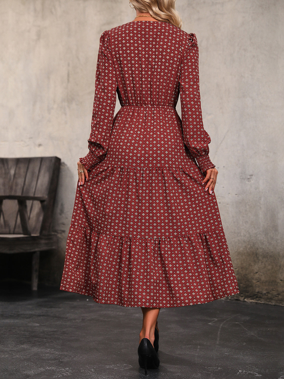 Perfee Printed Tiered V-Neck Buttoned Midi Dress Secondary image