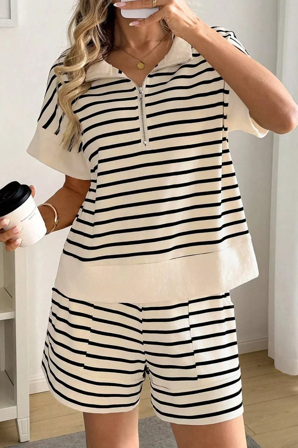 Striped Half Zip Top & Shorts Set Secondary image
