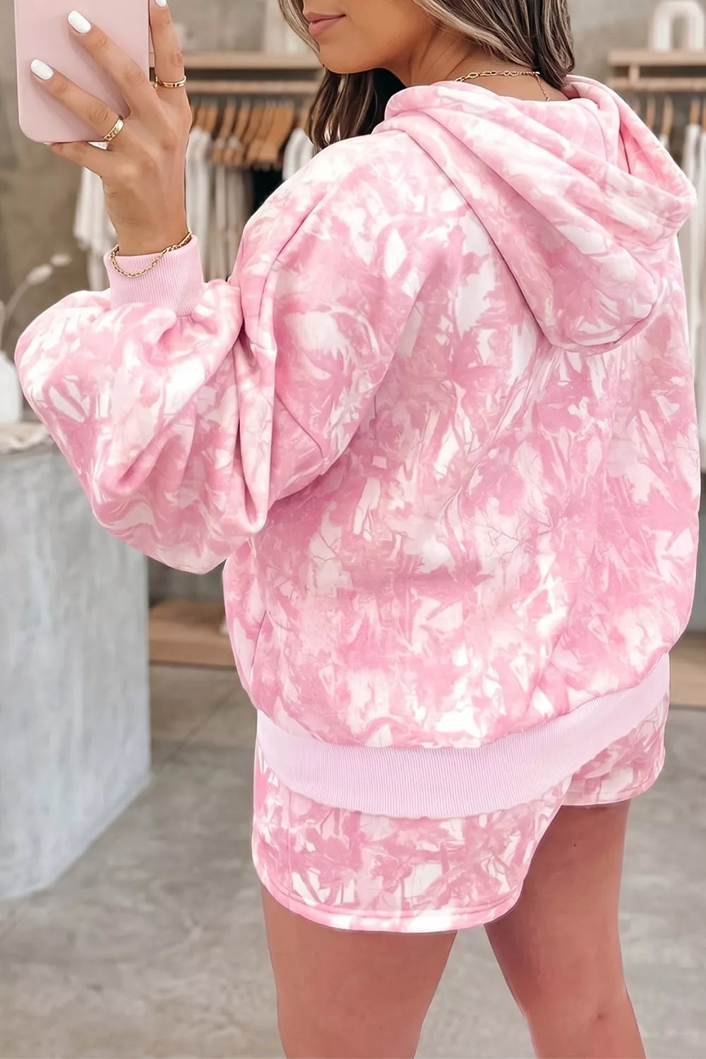 Abstract Print Loose Hoodie Slim Shorts 2pcs Set Secondary image