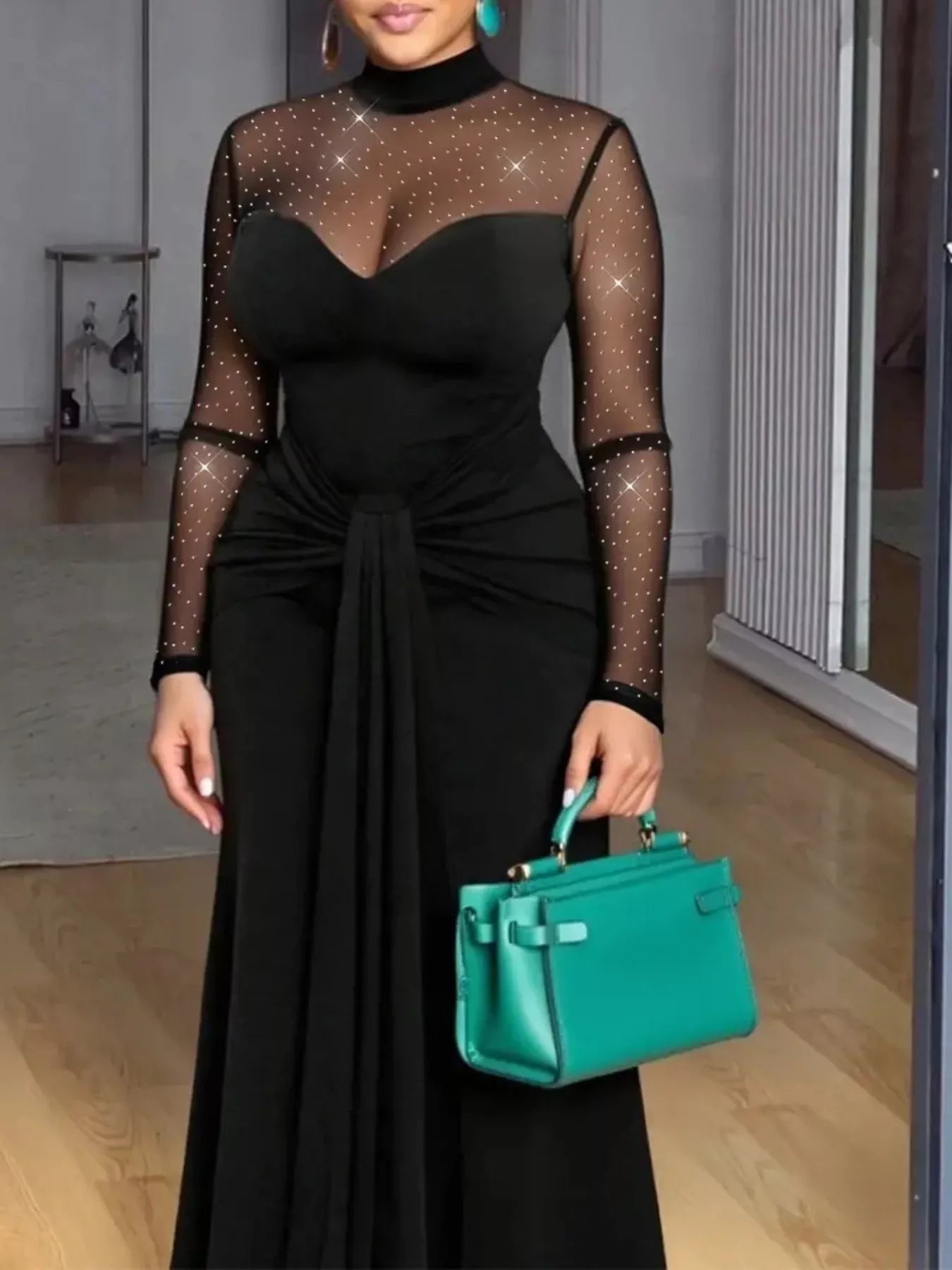 Mesh Mock Neck Long Sleeve Maxi Dress Secondary image