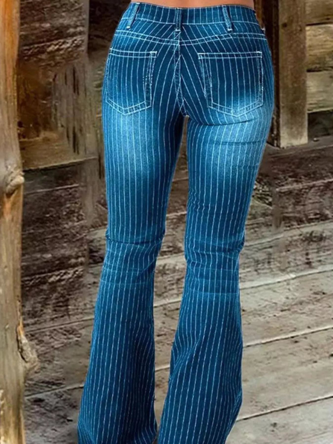 Striped Button Fly Flare Jeans Secondary image
