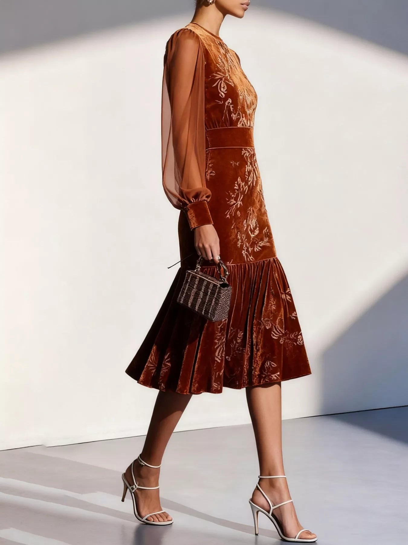 Velvet Floral Lantern Sleeve Midi Dress Secondary image