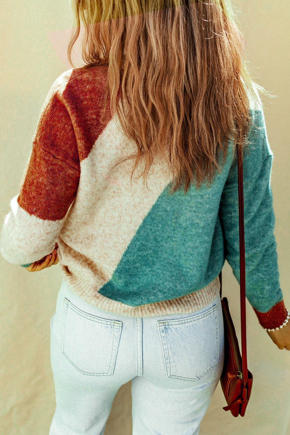 Color Block Round Neck Dropped Shoulder Pullover Sweater Secondary image