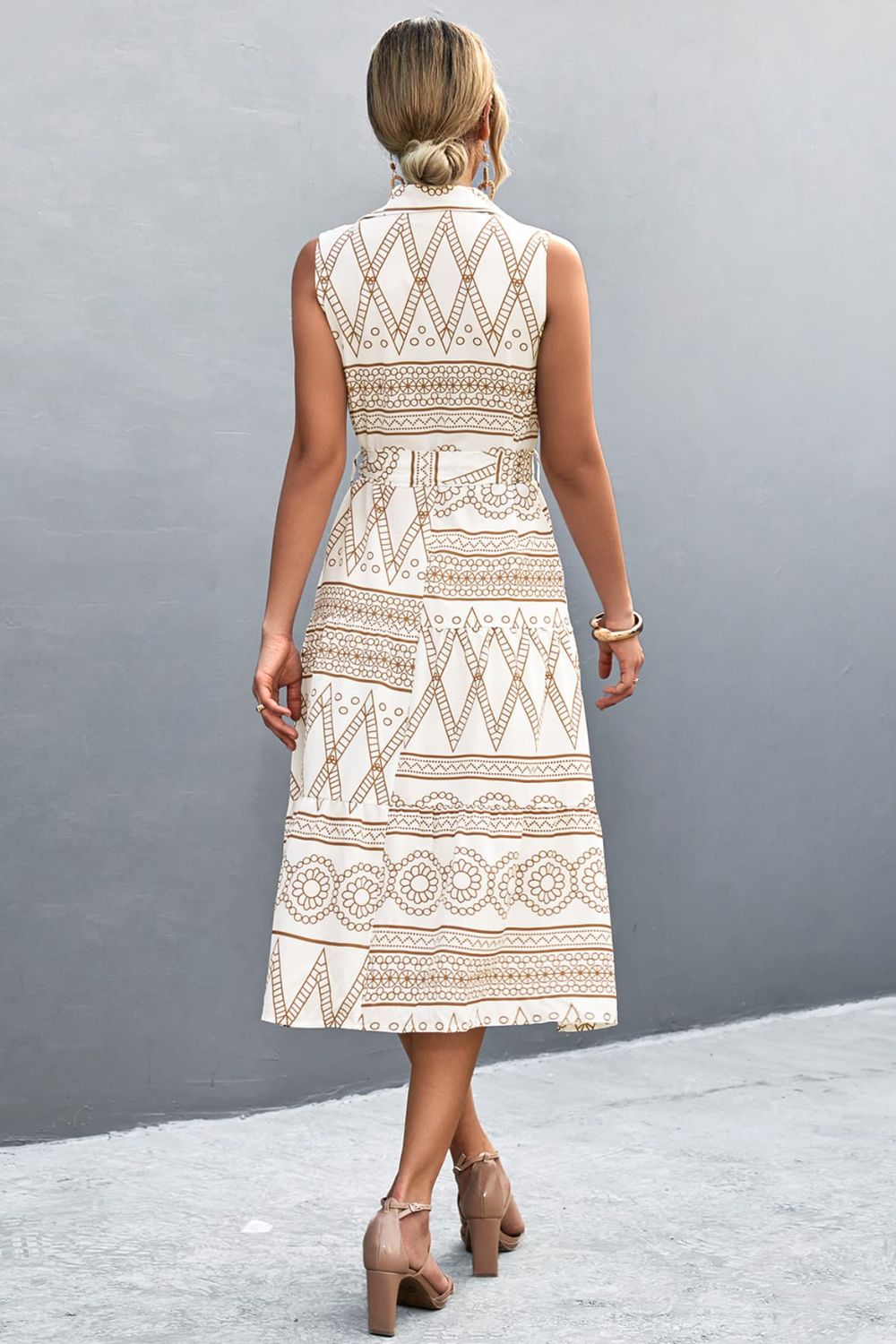 Printed Button Front Tie-Waist Sleeveless Collared Dress Secondary image