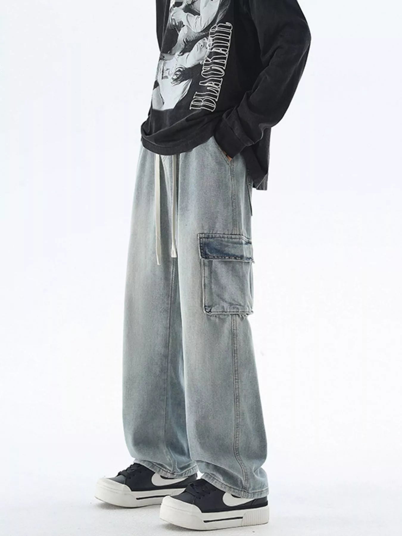 Men's Drawstring Wash Wide Leg Jeans Secondary image