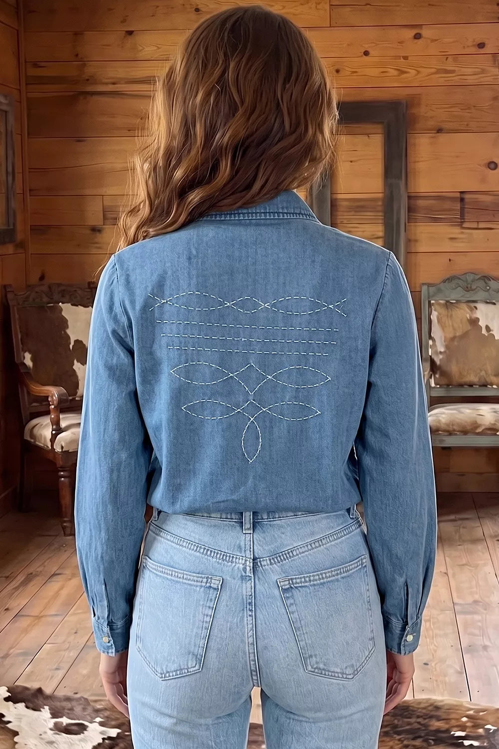 Long Sleeve Collared Neck Denim Shirt Secondary image