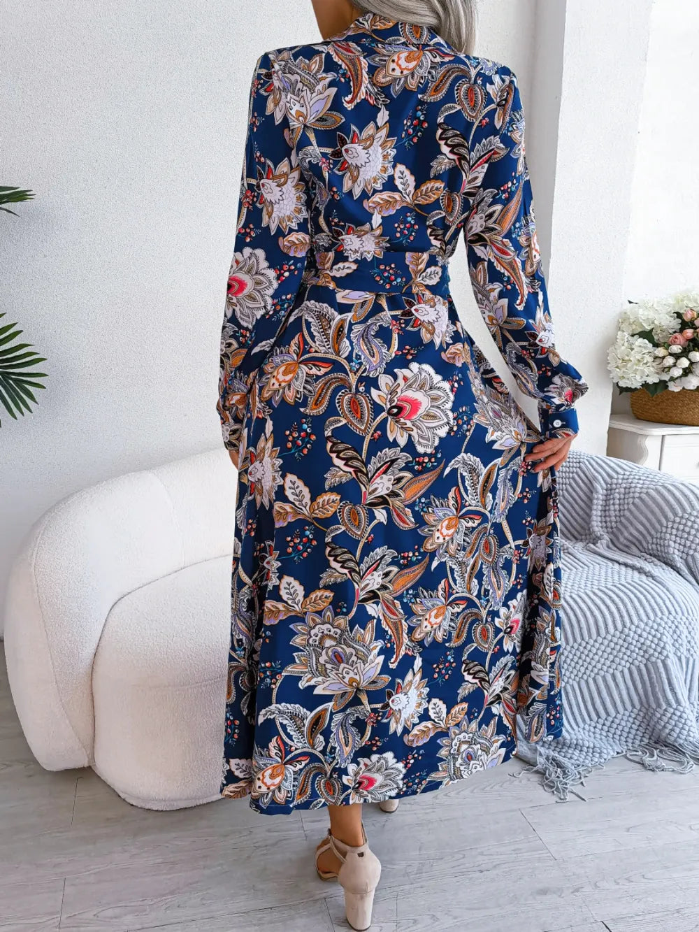 Tied Printed Long Sleeve Midi Dress Secondary image