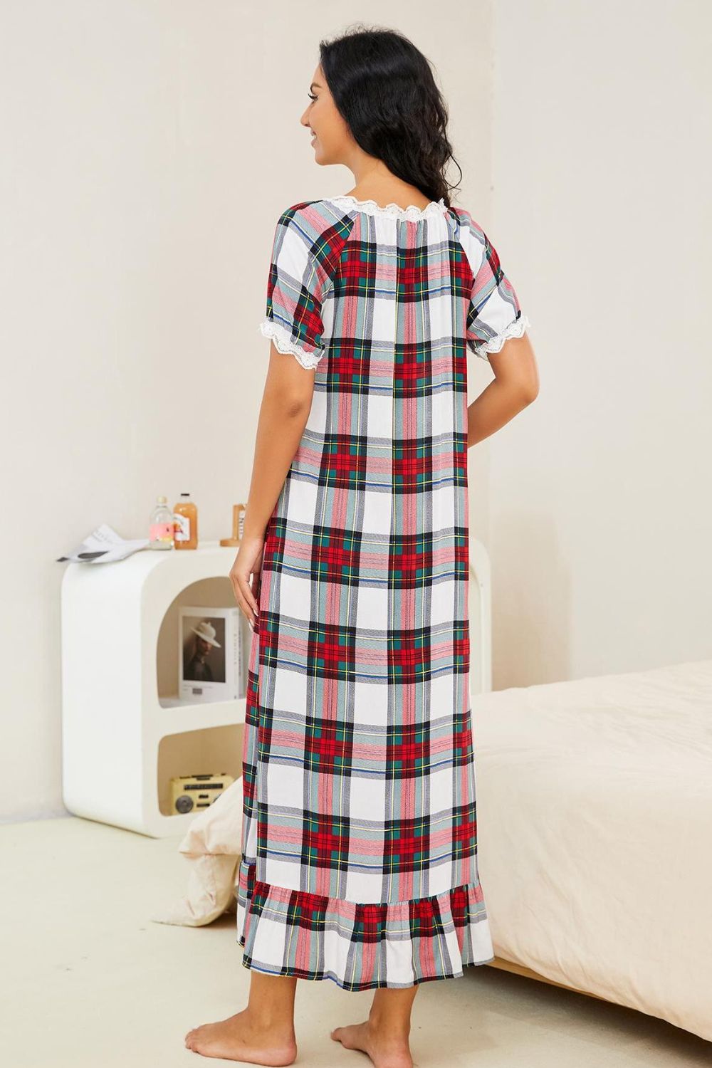 Plaid Lace Trim Ruffle Hem Night Dress Secondary image