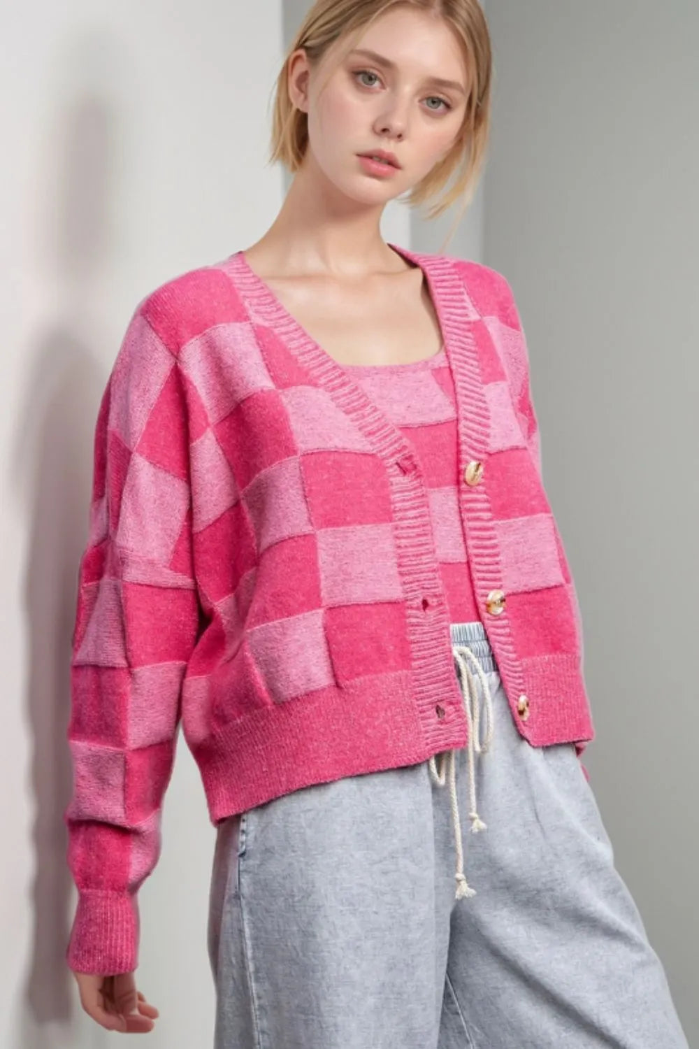 Checkered V-Neck Long Sleeve Cardigan Secondary image