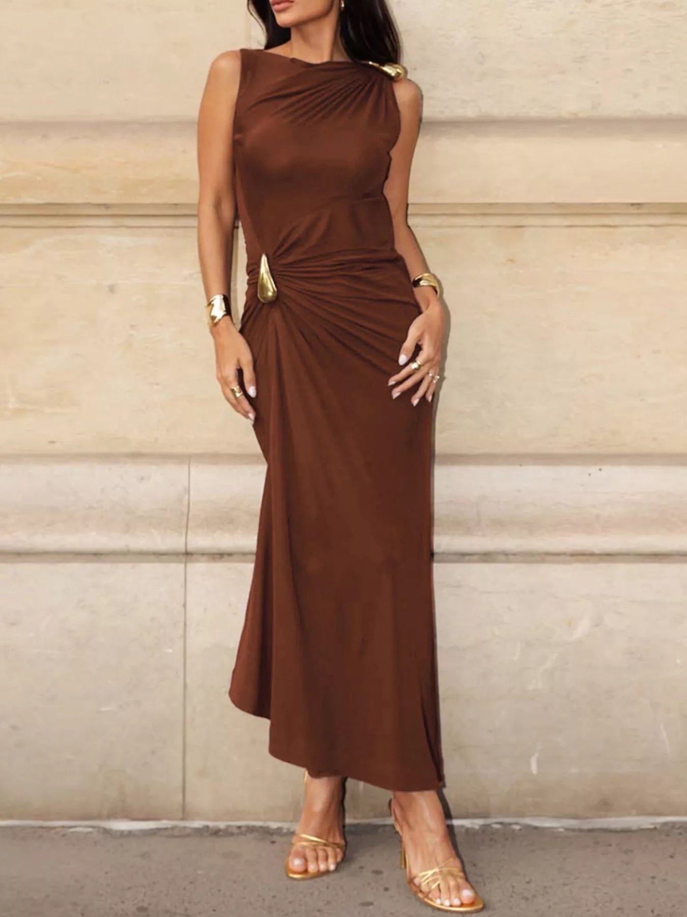 Draped Sleeveless Bodycon Maxi Dress with Metal Decorative Secondary image
