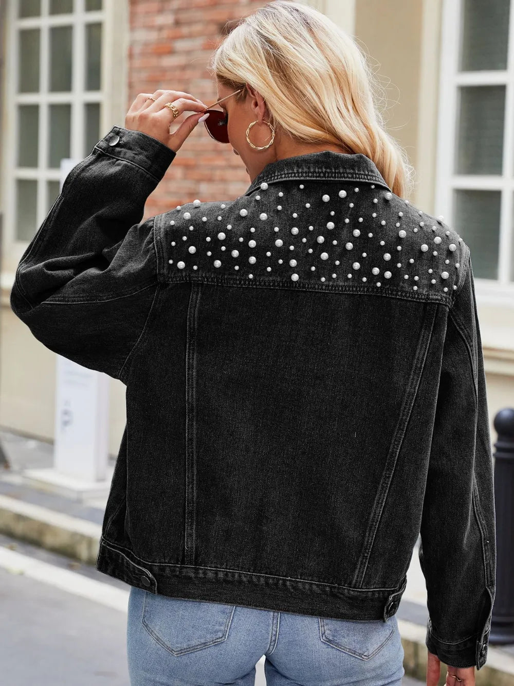 Pearl Detail Collared Neck Long Sleeve Denim Jacket Secondary image
