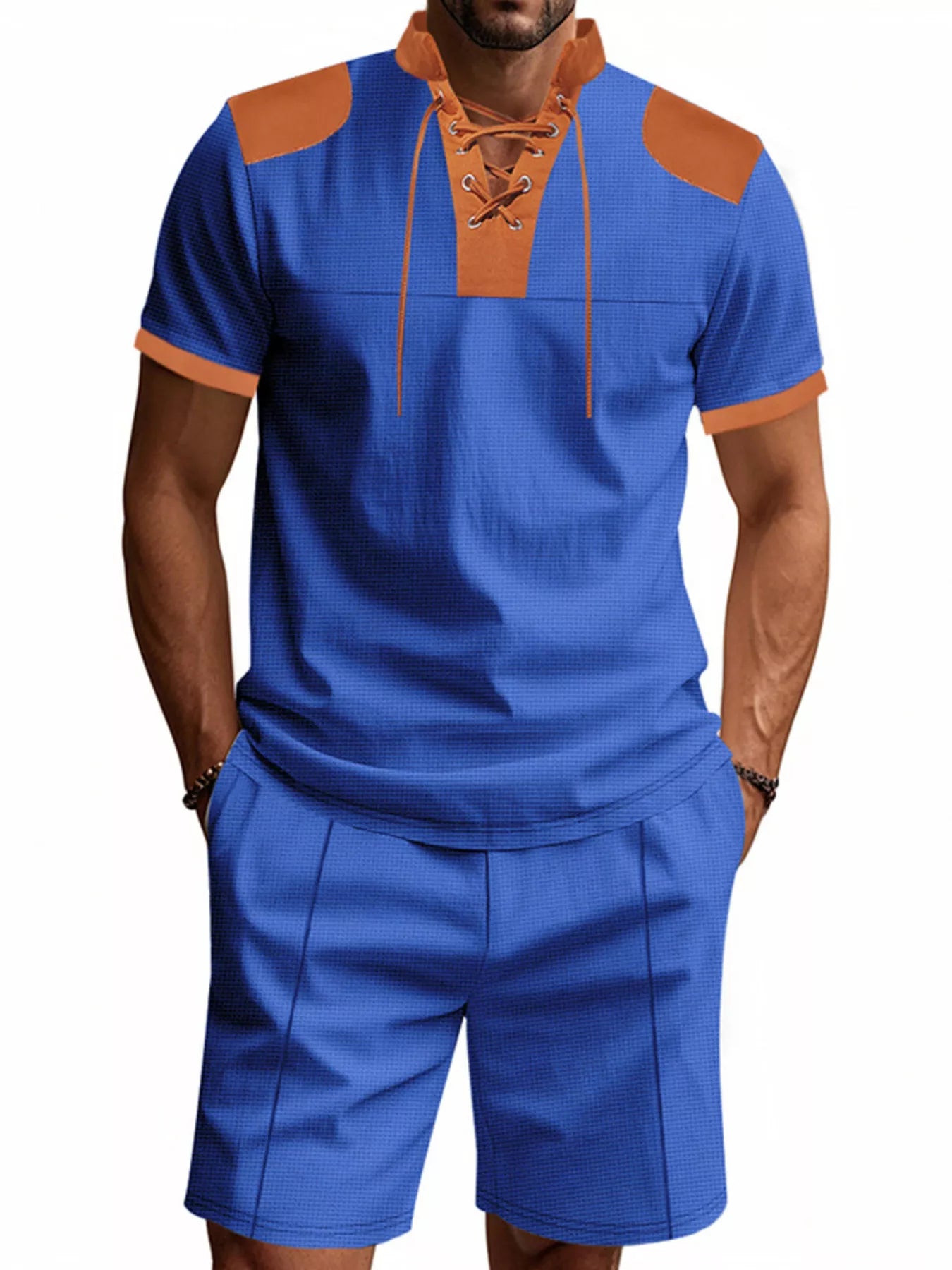Men's Full Size Lace-Up Collar Casual Top and Shorts Set Plus Size Secondary image