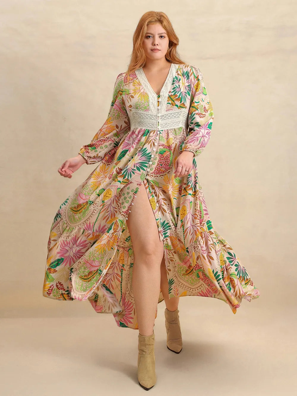Plus Size Lace Detail Printed V-Neck Balloon Sleeve Dress Secondary image