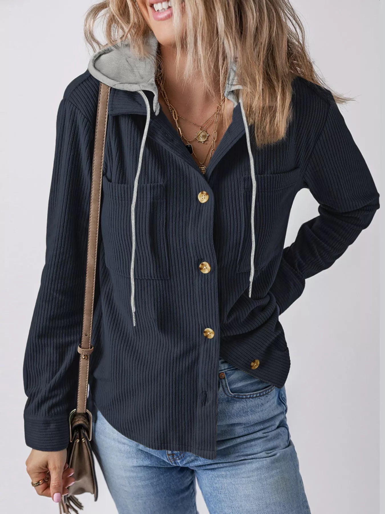 Hooded Corduroy Button-Down Jacket Secondary image