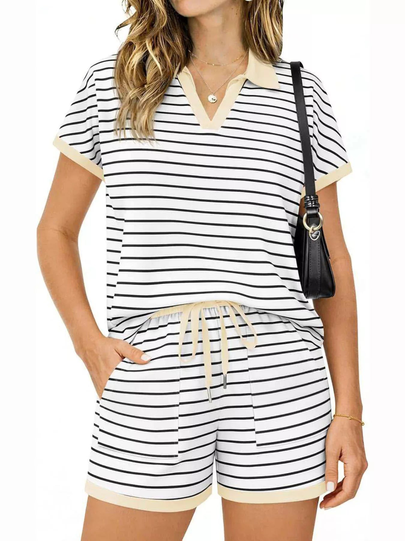 Striped Short Sleeve Polo and Shorts Set Secondary image