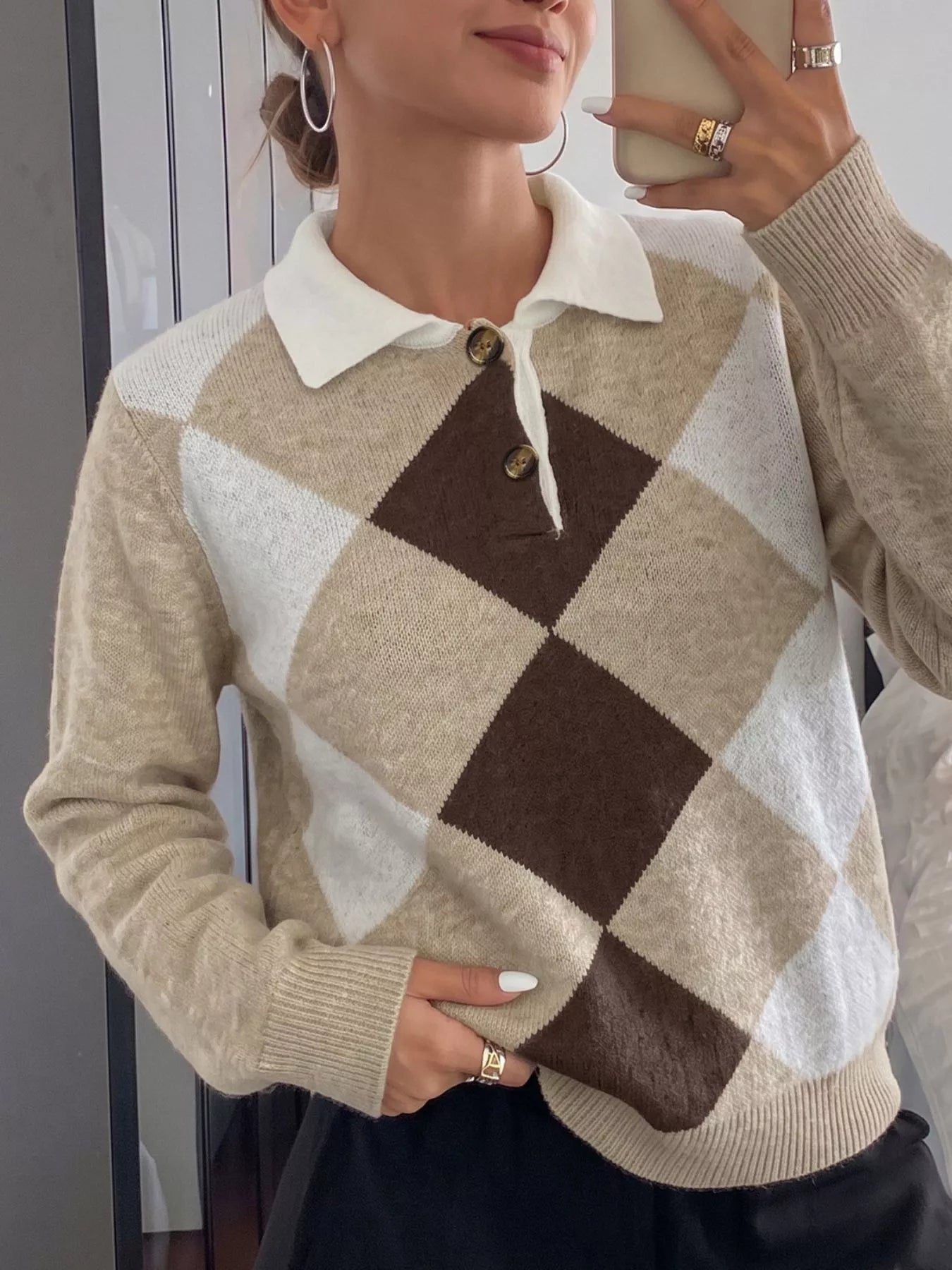 Argyle Patterned Polo Collar Sweater Secondary image