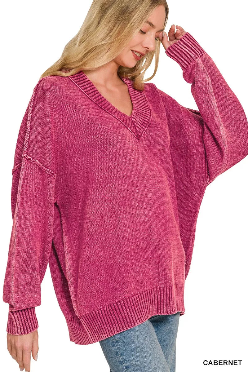 Zenana Washed Deep V-neck Oversized Sweater Secondary image