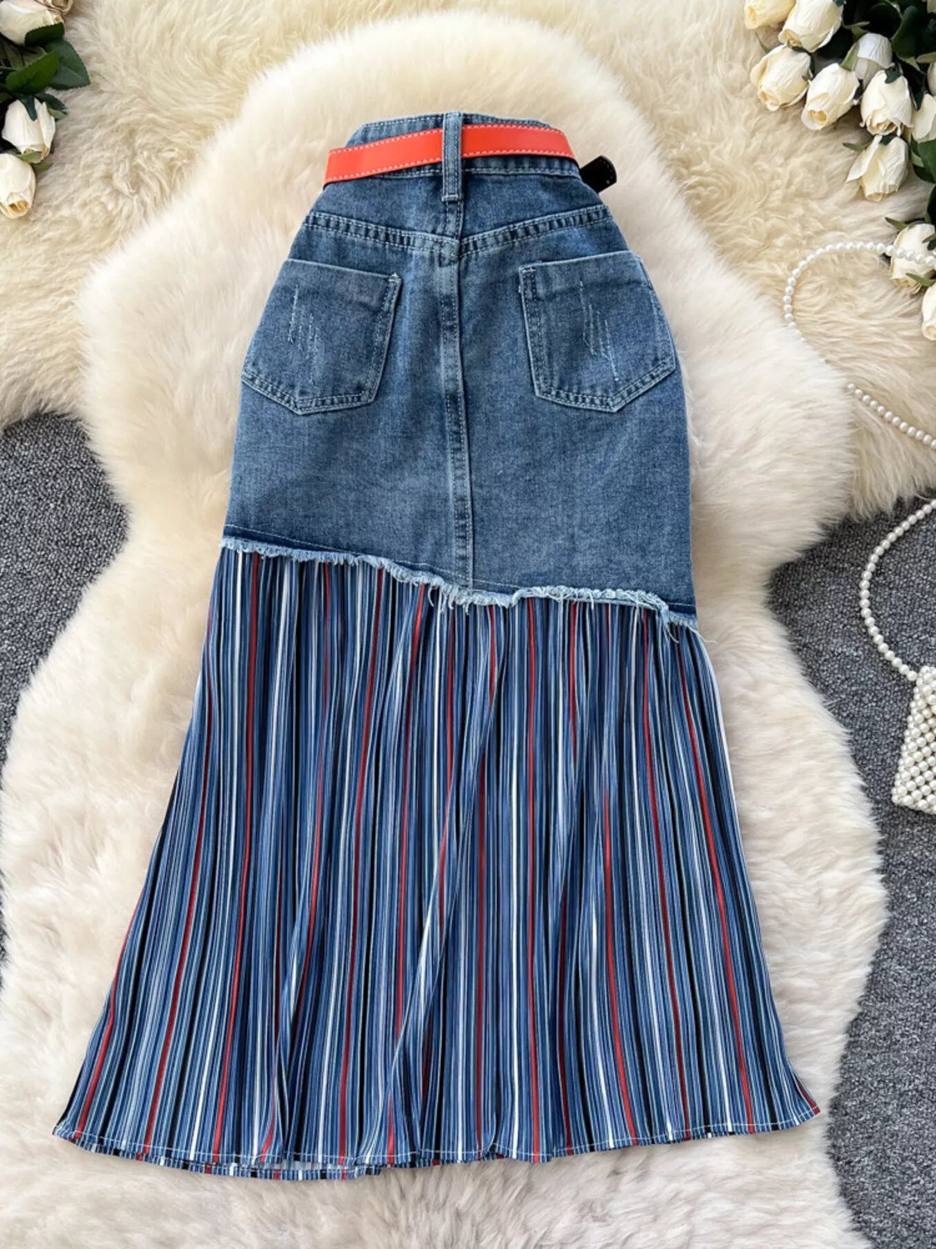 Full Size Striped Patchwork Denim Skirt Plus Size Secondary image