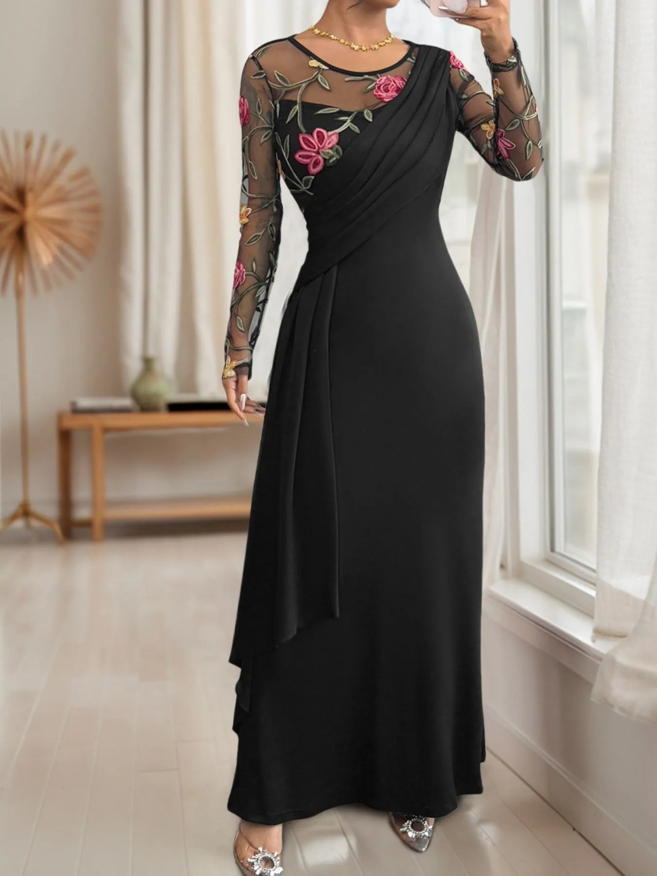 Floral Mesh Sleeve Ruched Maxi Dress Secondary image