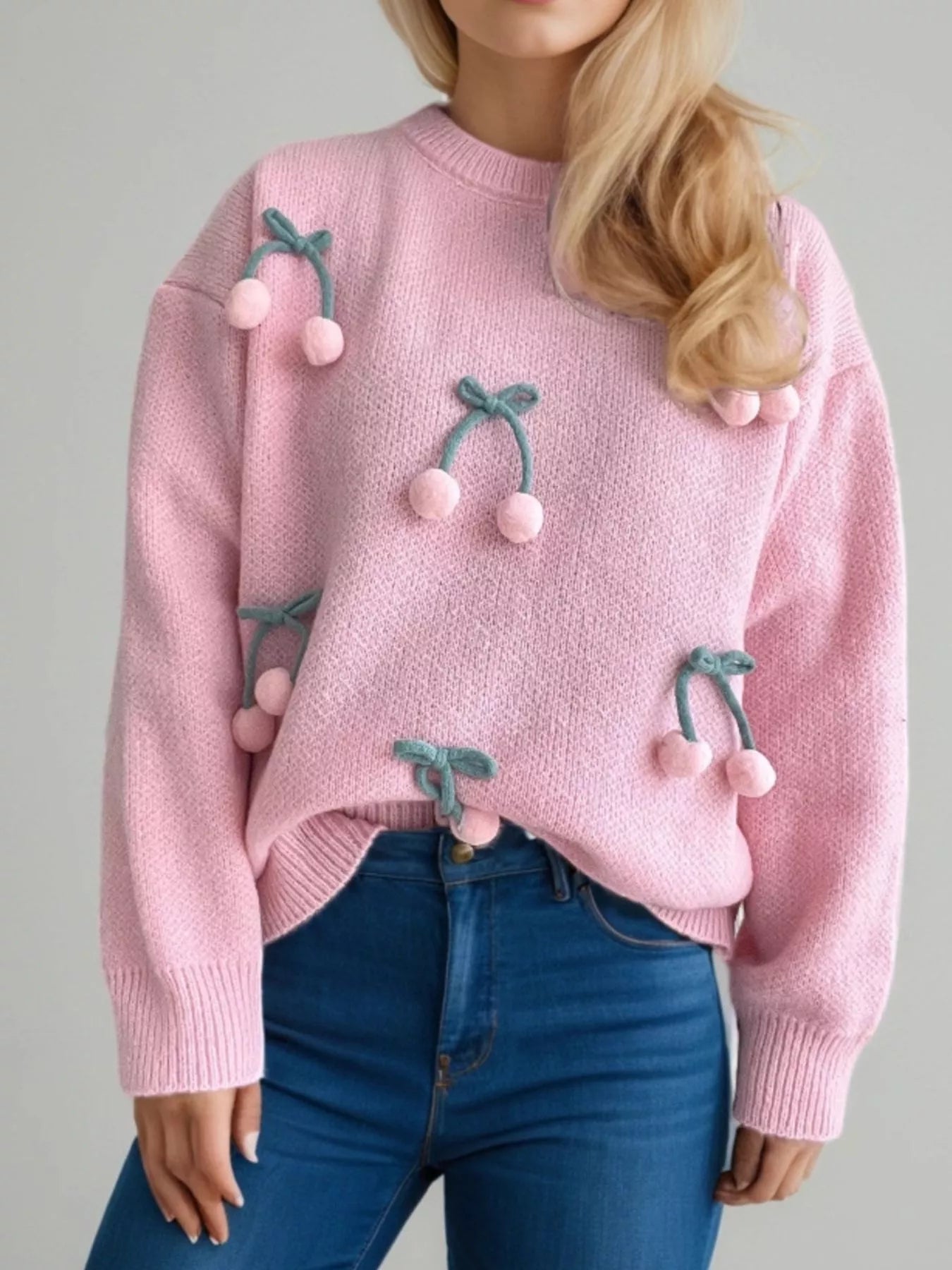 Cherry Pom-Pom Knit Round Neck Sweater Secondary image